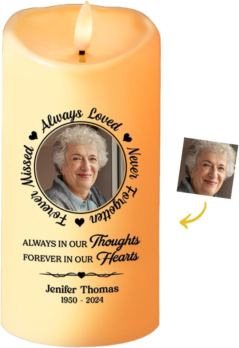 Always in Our Thoughts Personalized Photo LED Memorial Candles for Loss of Loved One, Christmas Candles, Sympathy Candles, Bereavement Candle Gifts for Loss of Mom, Dad
