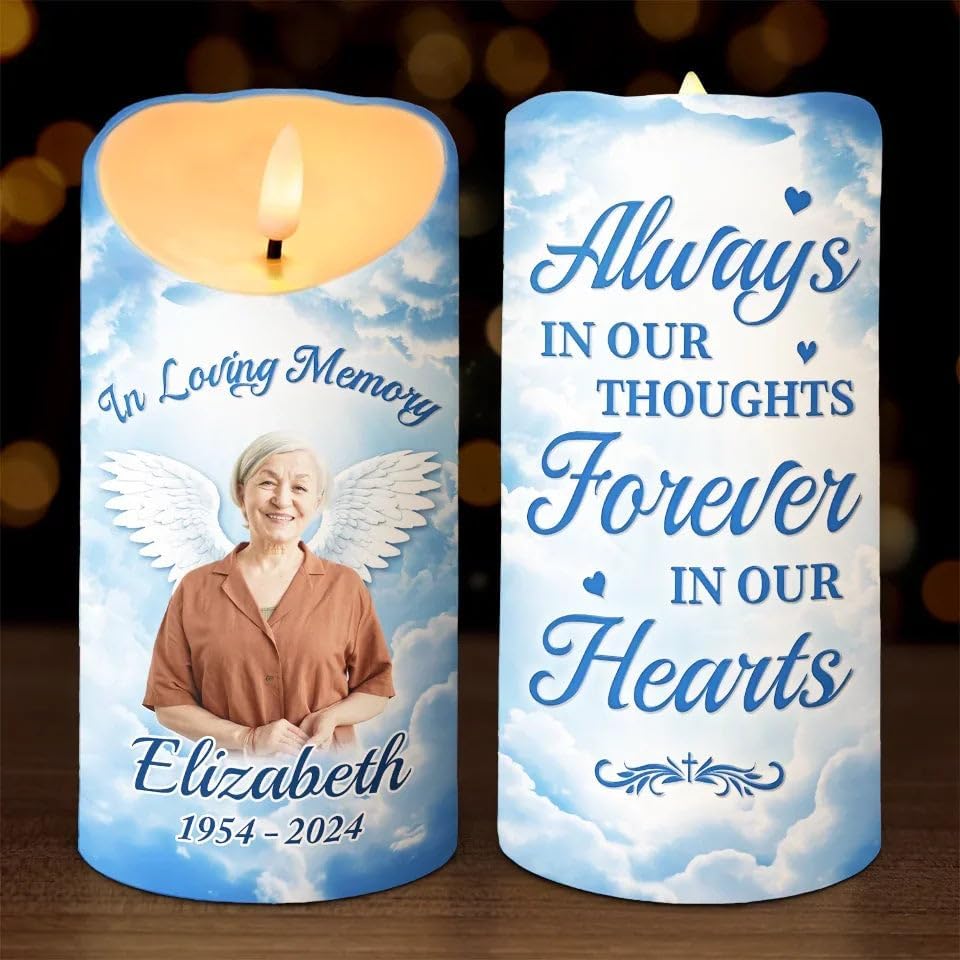 Always in Our Thoughts Personalized Photo LED Memorial Candles for Loss of Loved One, Christmas Candles, Sympathy Candles, Bereavement Candle Gifts for Loss of Mom, Dad
