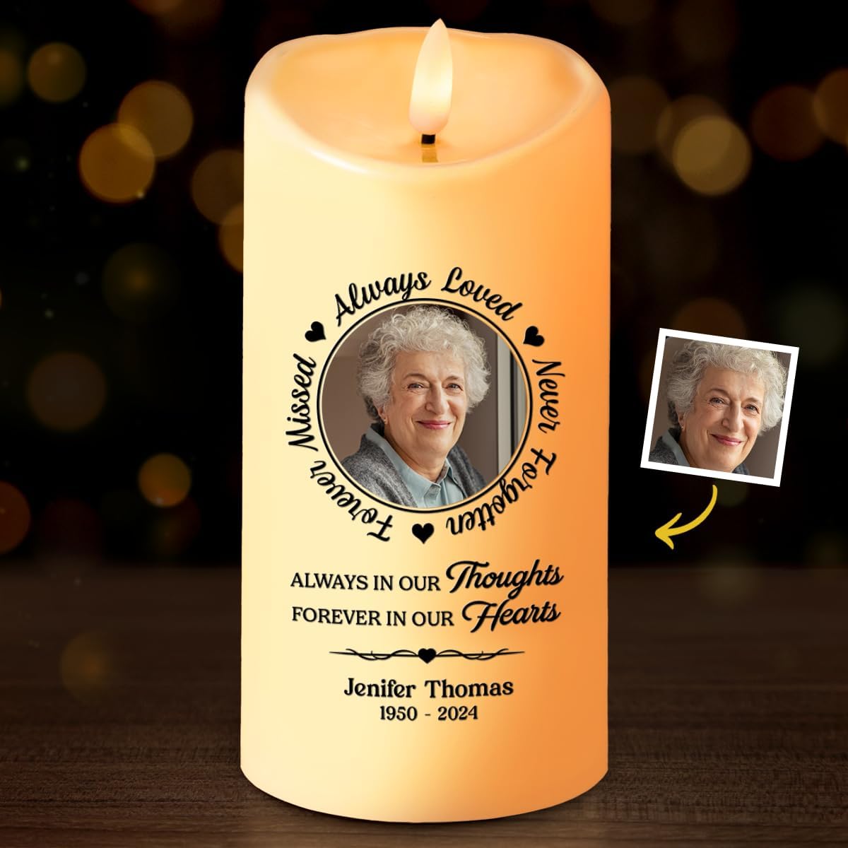 Always in Our Thoughts Personalized Photo LED Memorial Candles for Loss of Loved One, Christmas Candles, Sympathy Candles, Bereavement Candle Gifts for Loss of Mom, Dad