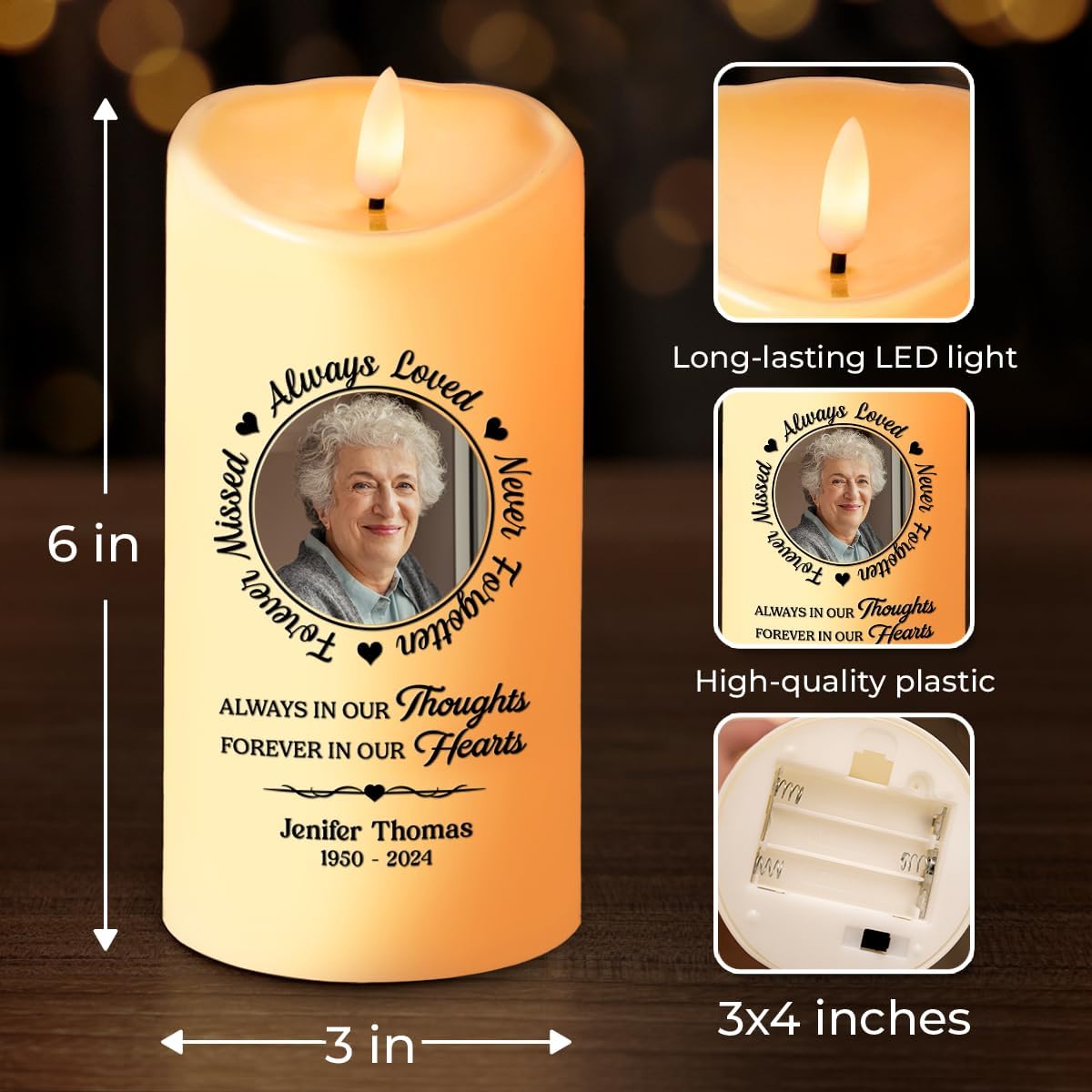 Always in Our Thoughts Personalized Photo LED Memorial Candles for Loss of Loved One, Christmas Candles, Sympathy Candles, Bereavement Candle Gifts for Loss of Mom, Dad