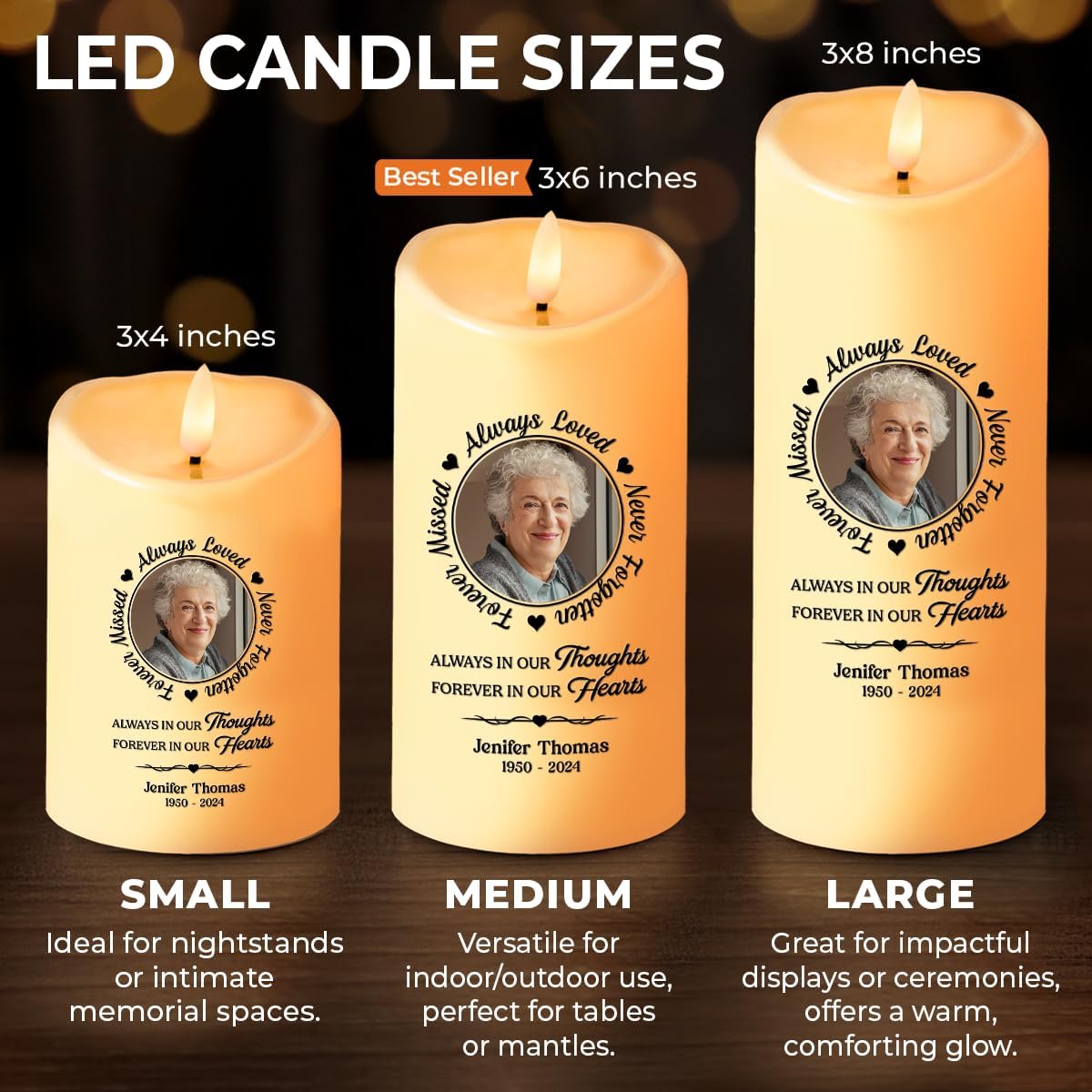 Always in Our Thoughts Personalized Photo LED Memorial Candles for Loss of Loved One, Christmas Candles, Sympathy Candles, Bereavement Candle Gifts for Loss of Mom, Dad